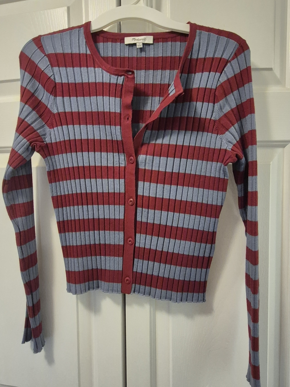 Madewell NWOT Striped Ribbed Button-Up Cardigan - Red & Light Blue, Sz LG